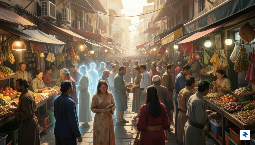 A conceptual digital art piece showing a crowd of people…