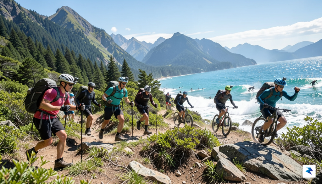 A diverse group of people engaged in various adventure sports&hellip;