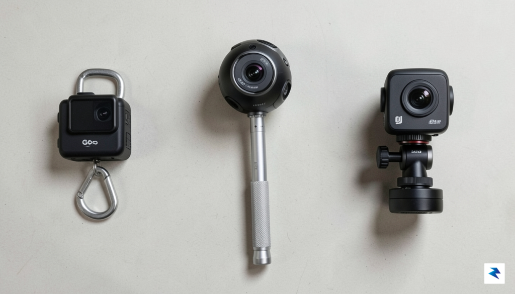 A flat-lay photograph showing three distinct camera setups: a rugged,&hellip;