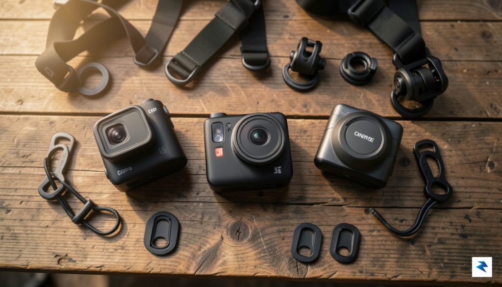 A top-down shot of a GoPro, a DJI Osmo Action,&hellip;