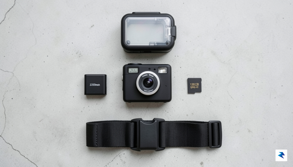 A flat-lay photograph of an action camera setup including a&hellip;