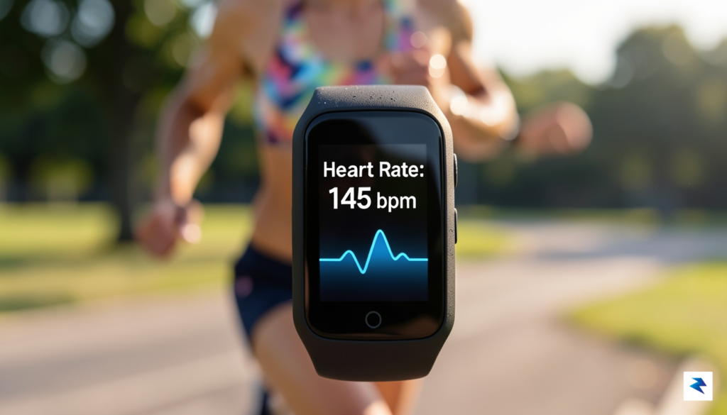 A close-up shot of a fitness tracker displaying heart rate&hellip;