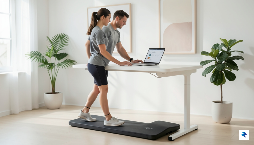 A sleek, modern walking pad neatly tucked under a standing&hellip;
