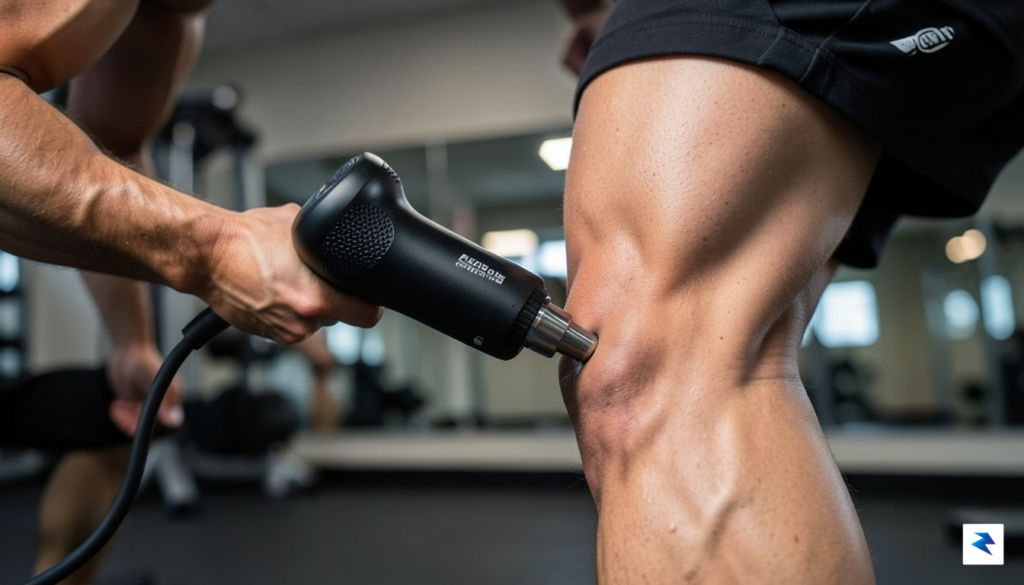 A close-up, high-definition shot of a professional-grade percussion massage gun&hellip;
