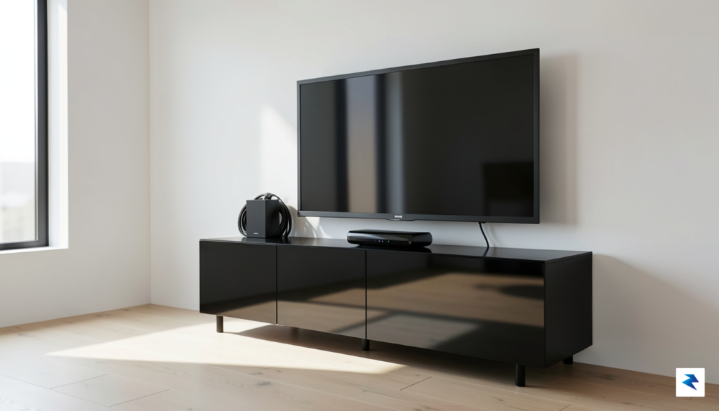 A modern, minimalist living room setup featuring a sleek smart&hellip;