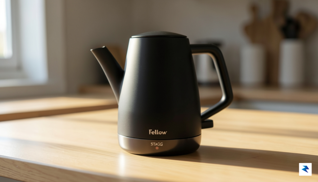 A sleek, matte black Fellow Stagg EKG electric kettle sitting&hellip;