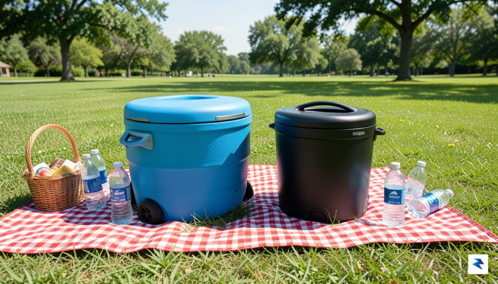 A vibrant, high-angle shot of a blue Igloo wheeled cooler&hellip;