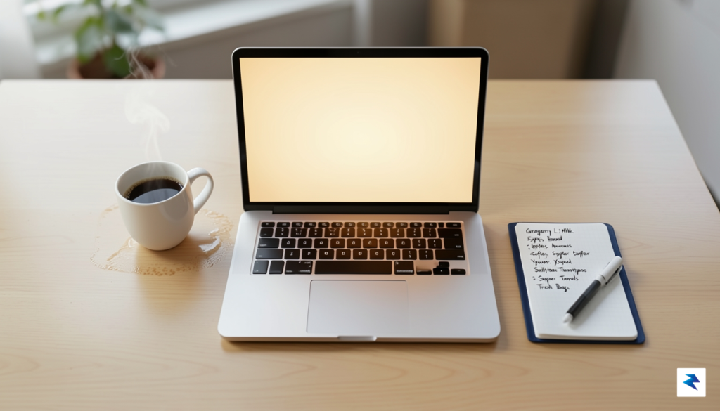 A top-down, organized desk setup featuring a laptop, a notebook&hellip;