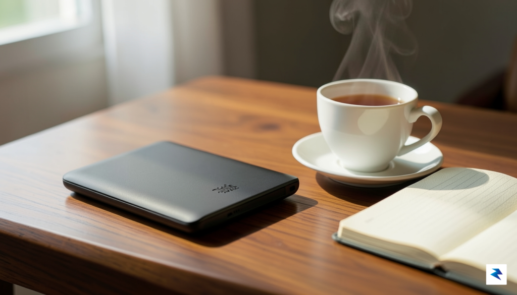 A high-quality studio photograph of a modern Kindle e-reader resting&hellip;