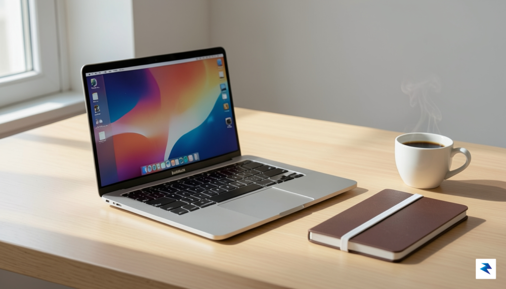 A sleek, modern MacBook Air M3 sitting on a minimalist&hellip;