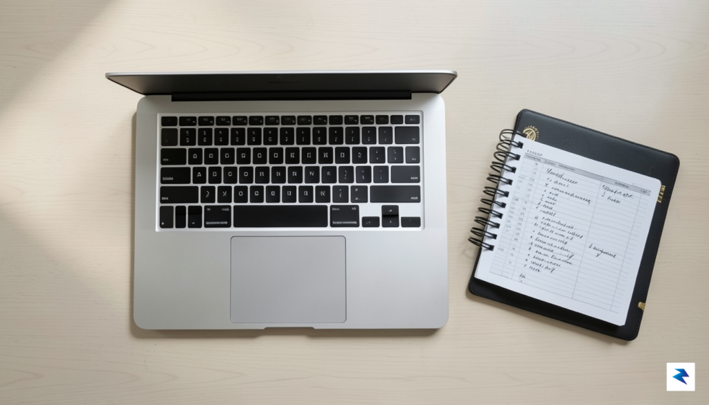 A top-down, minimalist desk aesthetic featuring a high-end MacBook Pro&hellip;