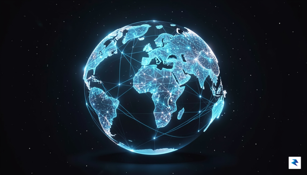 A sleek, high-tech visualization of a digital globe connected by&hellip;