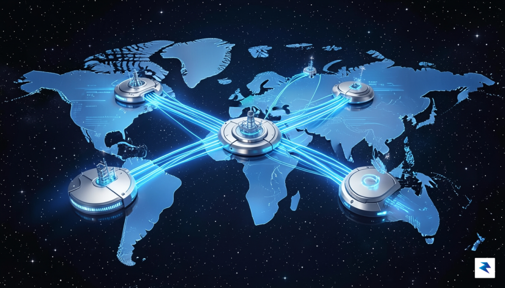 A modern, high-tech digital visualization showing interconnected global banking hubs&hellip;