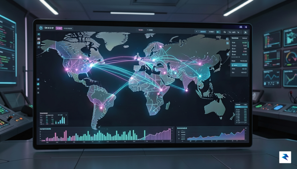 A high-tech, futuristic digital dashboard displaying glowing nodes connected across&hellip;