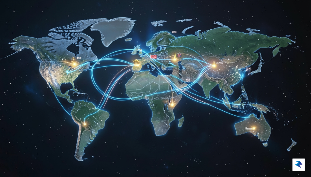 A conceptual digital map of the world highlighting glowing interconnected&hellip;
