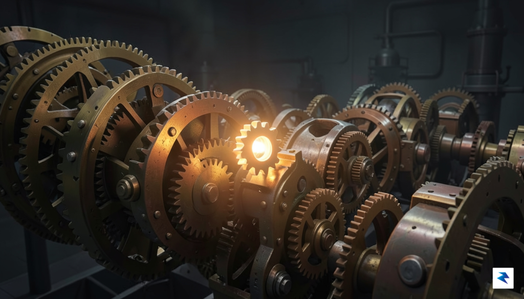 A conceptual digital illustration showing a small, vibrant, glowing gear&hellip;