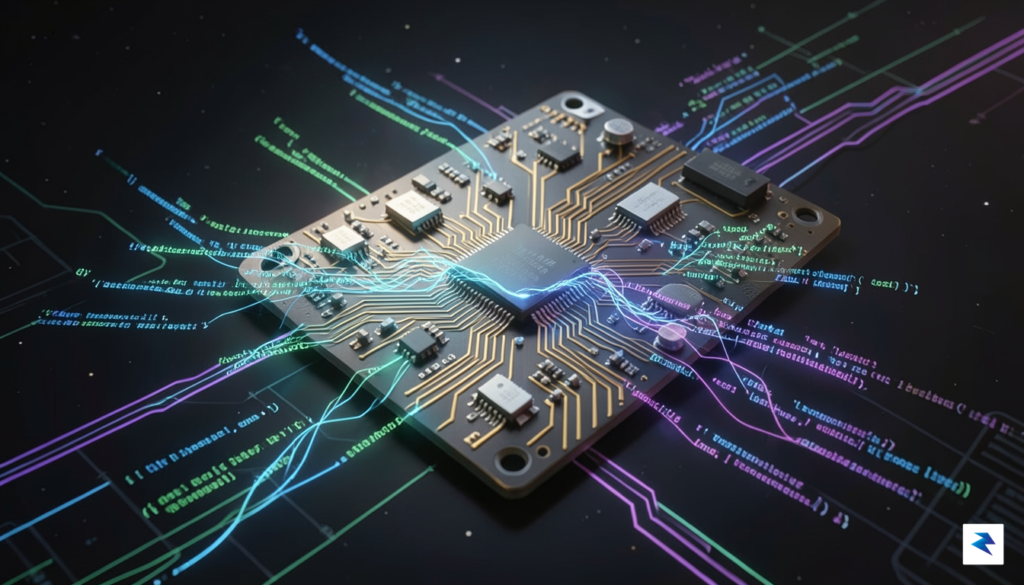 A conceptual digital art piece showing a high-tech circuit board&hellip;