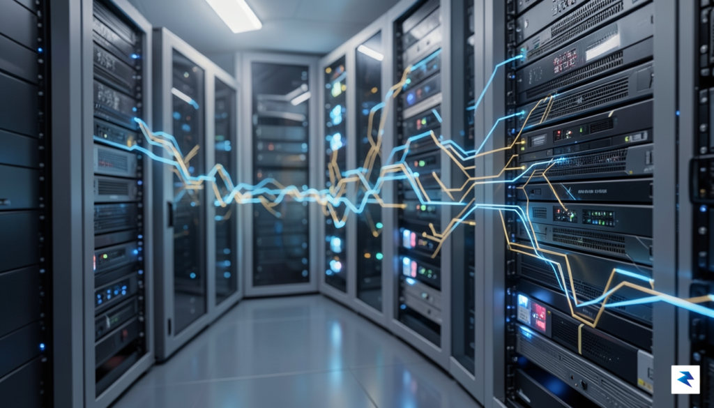 A modern, high-tech server room with glowing blue and gold&hellip;