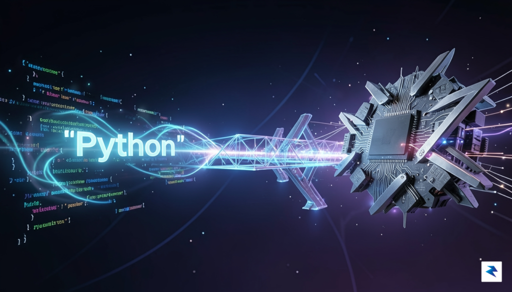 A conceptual visualization showing a bridge connecting a Python-themed software&hellip;