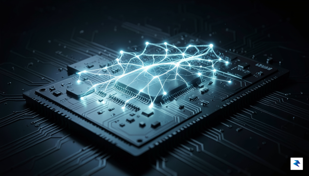 A conceptual digital illustration showing a glowing neural network structure&hellip;