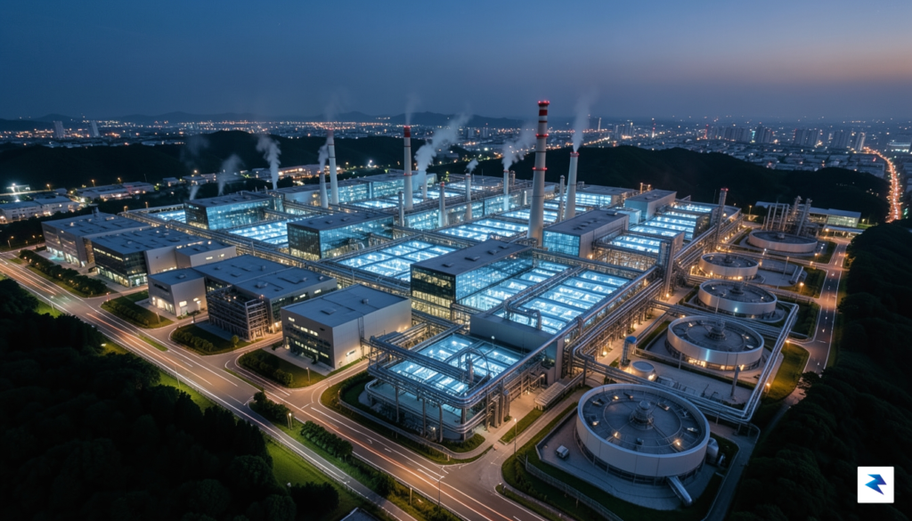 An aerial view of a massive, state-of-the-art semiconductor fabrication plant&hellip;