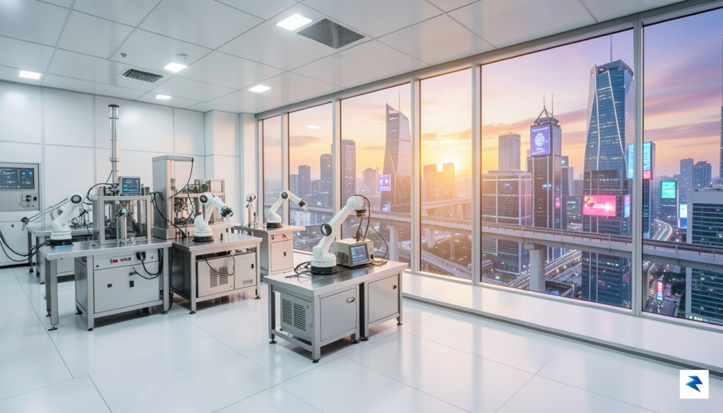 A wide-angle digital illustration showing a futuristic semiconductor cleanroom blending&hellip;