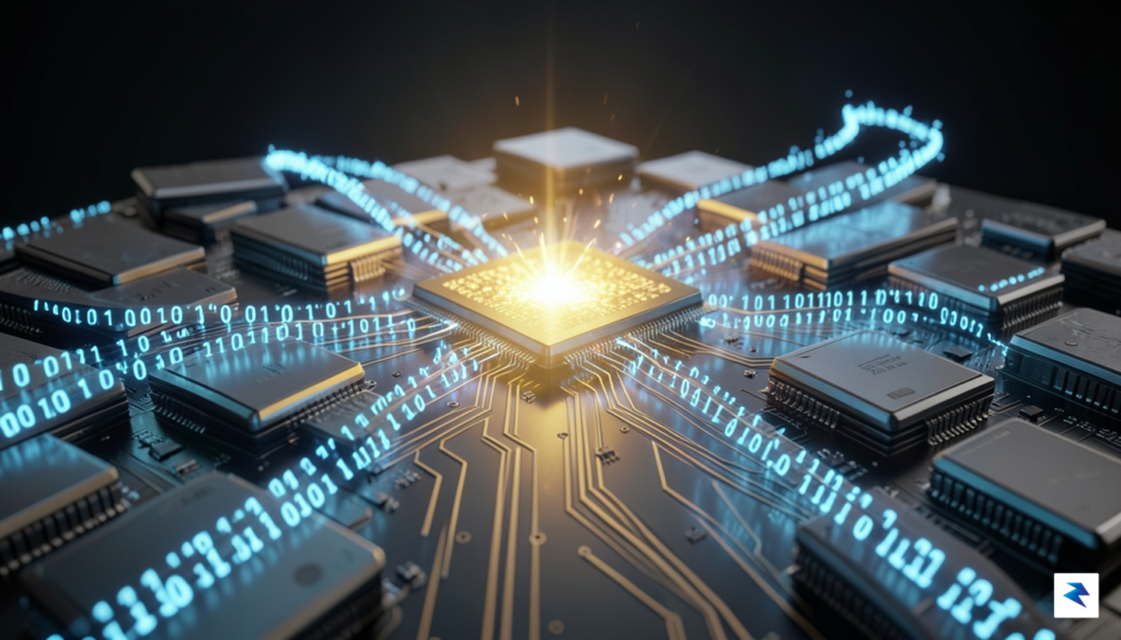 A close-up, high-tech conceptual visualization showing a high-speed data stream&hellip;
