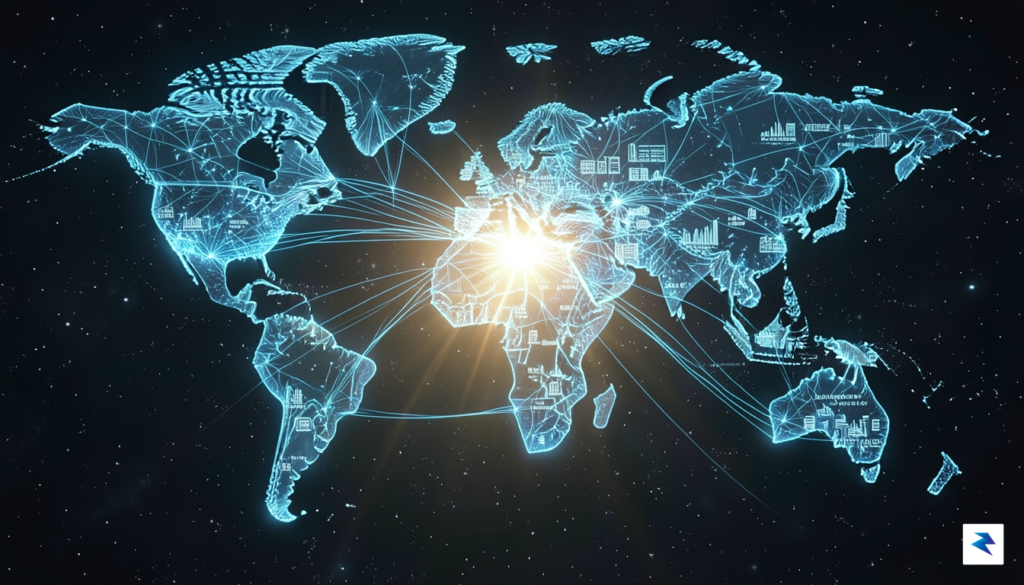 A conceptual digital rendering showing a global map interconnected by&hellip;