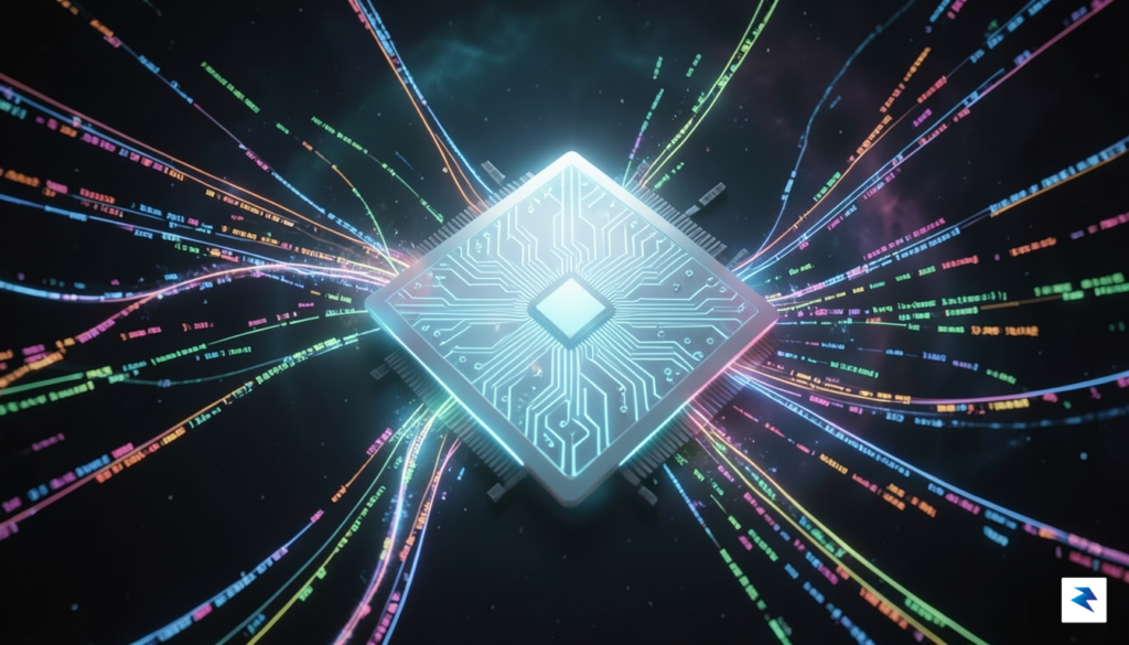 A conceptual digital illustration showing a glowing, high-tech silicon wafer&hellip;