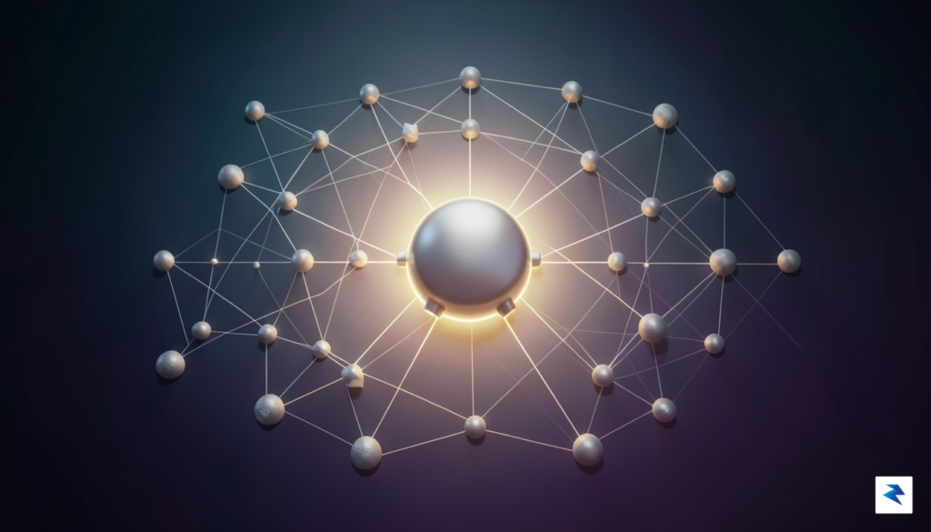 An abstract representation of interconnected nodes, with one central, glowing&hellip;