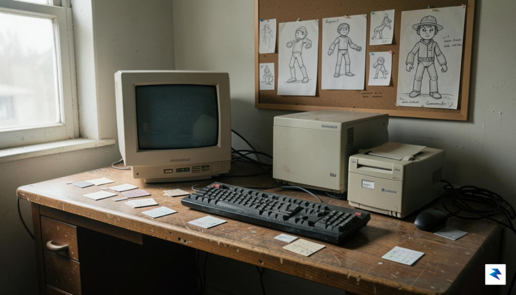 A vintage 1990s office desk featuring early game development hardware,&hellip;
