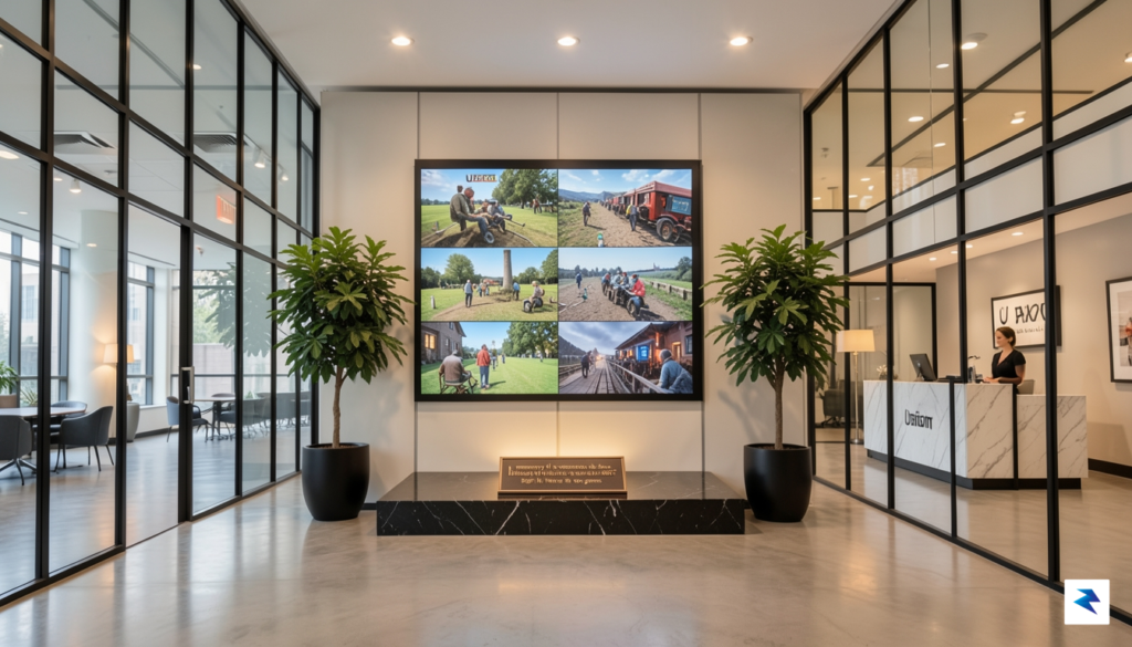 A wide, cinematic shot of a modern, glass-paneled Ubisoft office&hellip;