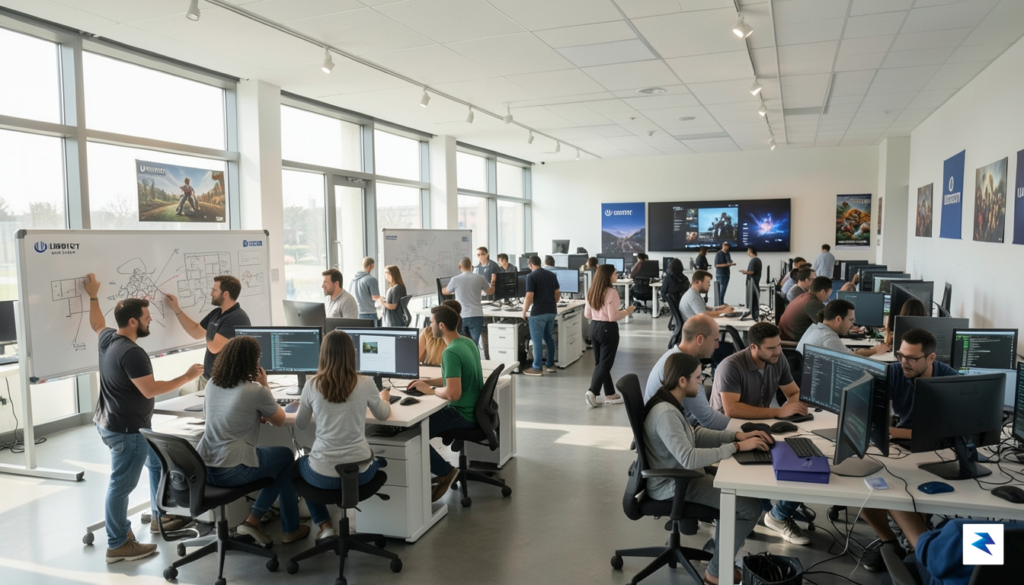 A wide-angle, cinematic shot of a modern, bustling Ubisoft development&hellip;