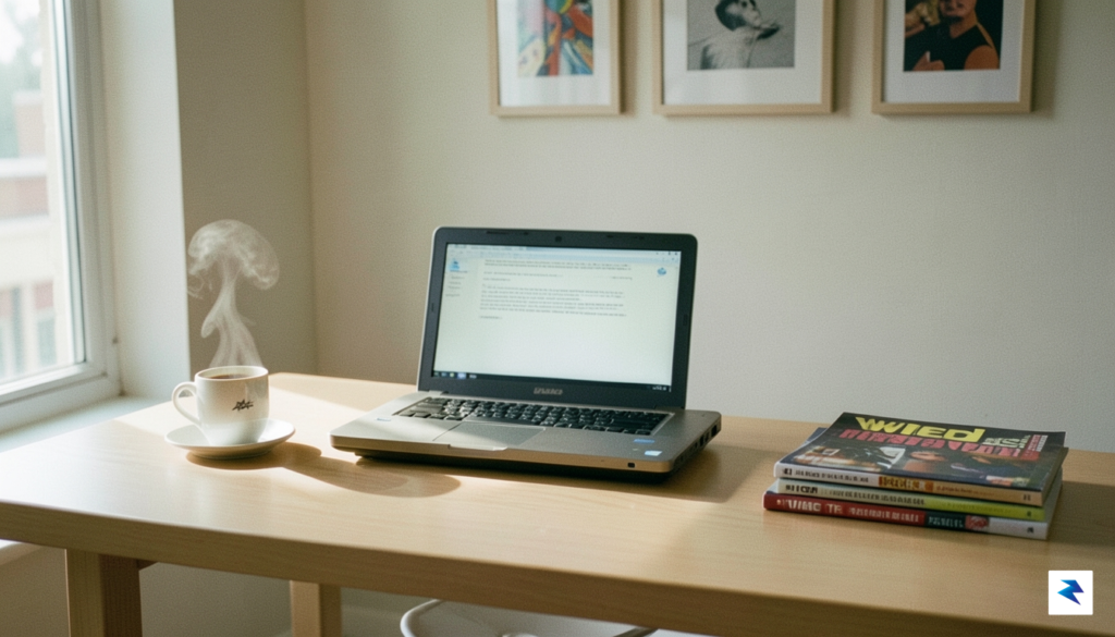 A nostalgic, high-resolution photograph of a minimalist, well-lit home office&hellip;