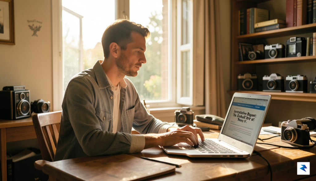 A candid, warm-toned photograph of a thoughtful journalist sitting in&hellip;
