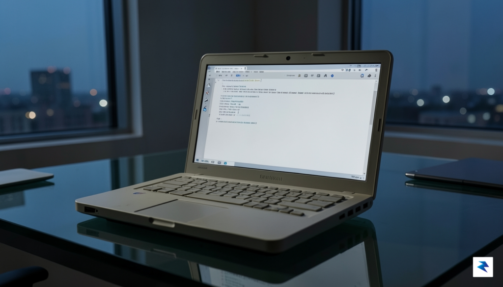A minimalist, high-contrast photograph of a vintage laptop open in&hellip;