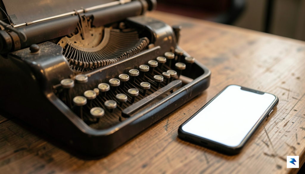 A close-up, atmospheric shot of an open vintage typewriter sitting&hellip;