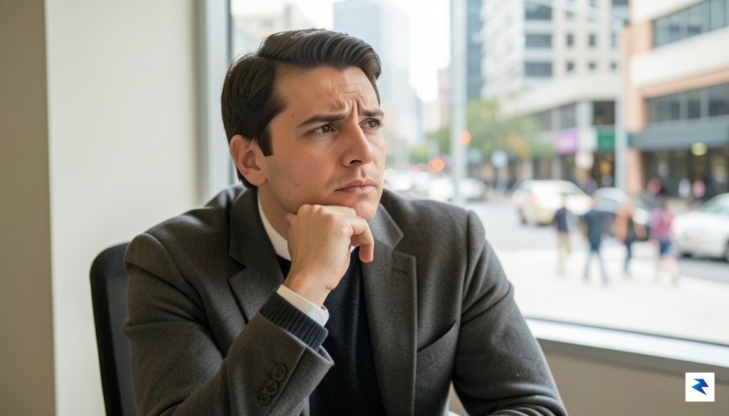 A candid, high-resolution portrait of a thoughtful tech journalist sitting&hellip;