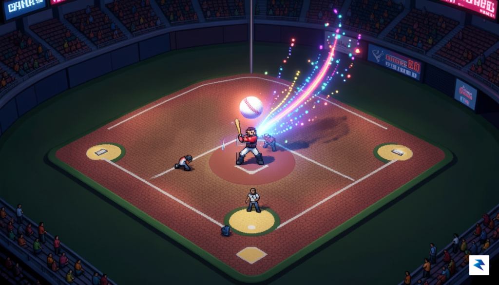 A vibrant, top-down pixel art representation of a baseball diamond&hellip;