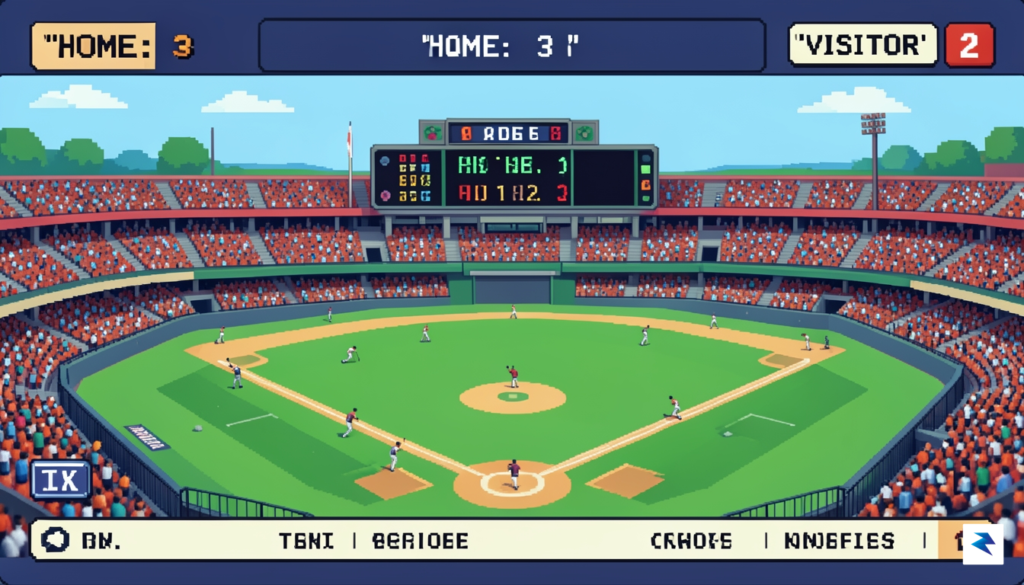 A vibrant, retro-inspired digital dashboard displaying a baseball stadium in&hellip;