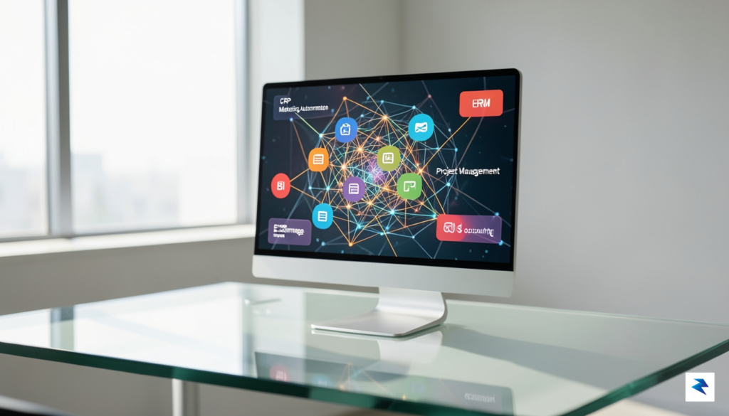 A modern, minimalist office workspace with various digital floating interface&hellip;
