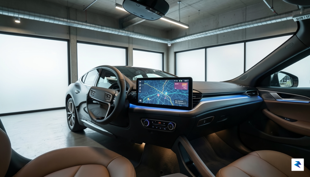 A modern electric vehicle parked in a sleek, high-tech garage,…