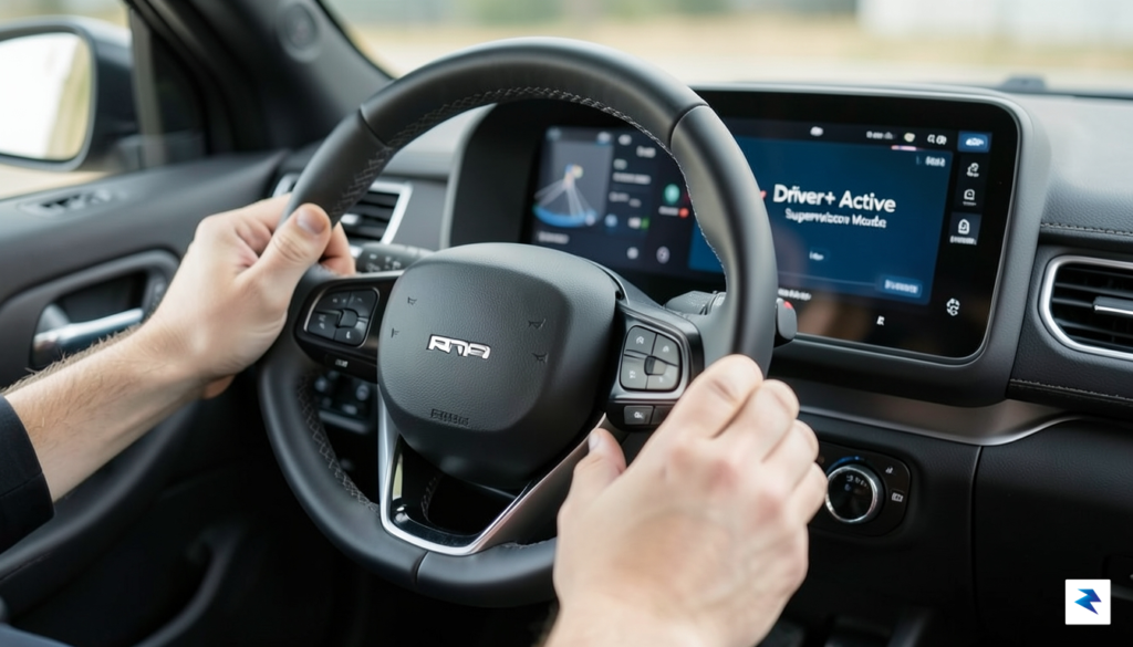 A close-up shot of a Rivian R1T steering wheel showing…