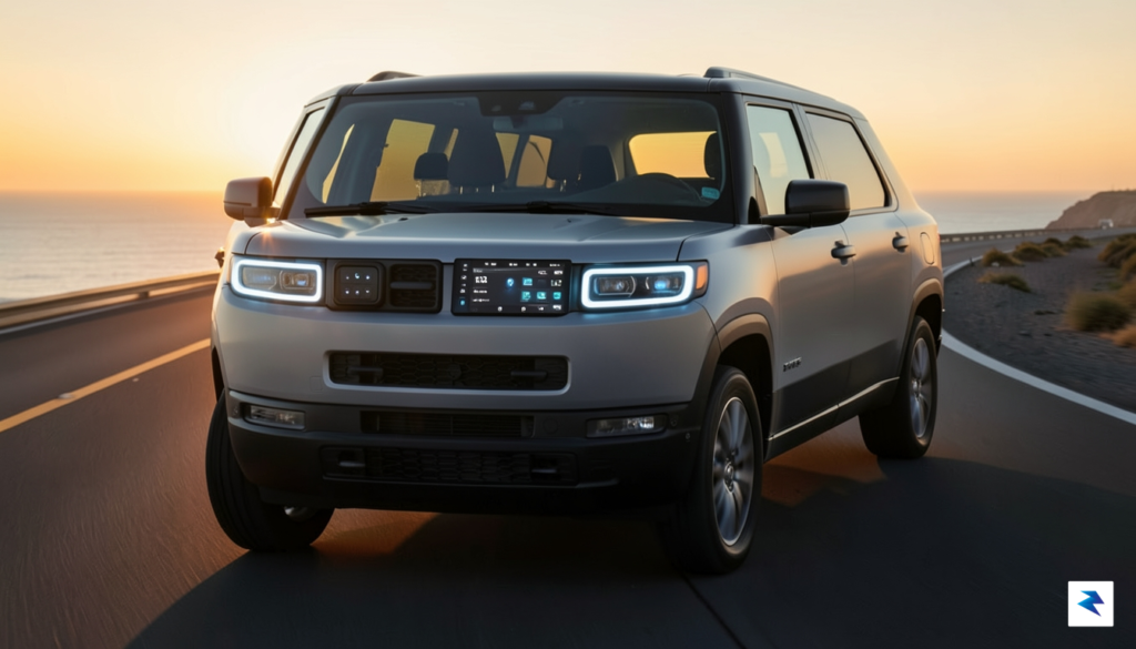 A modern Rivian R1T electric truck parked on a coastal…