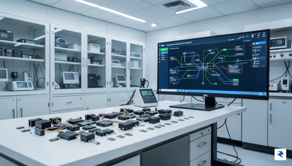A high-tech laboratory setting showing a close-up of a disassembled…