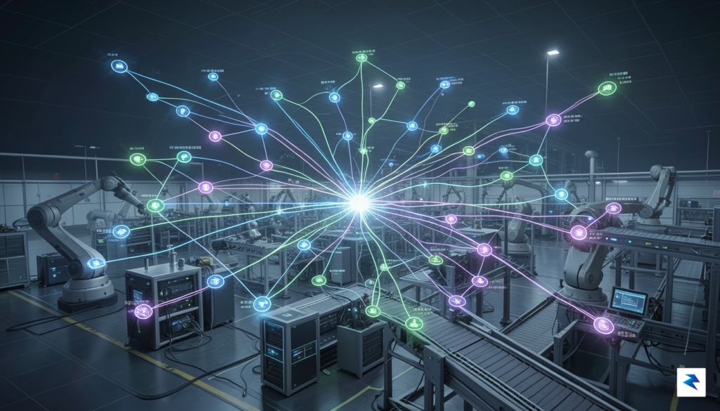 A digital visualization of a complex network map with glowing&hellip;