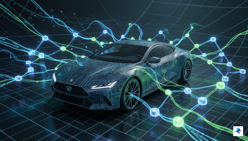 A futuristic digital visualization of a connected car surrounded by&hellip;