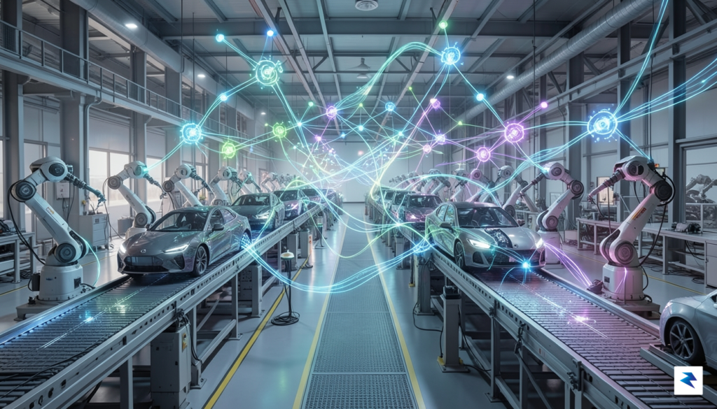 A conceptual digital illustration showing a high-tech automotive manufacturing assembly&hellip;