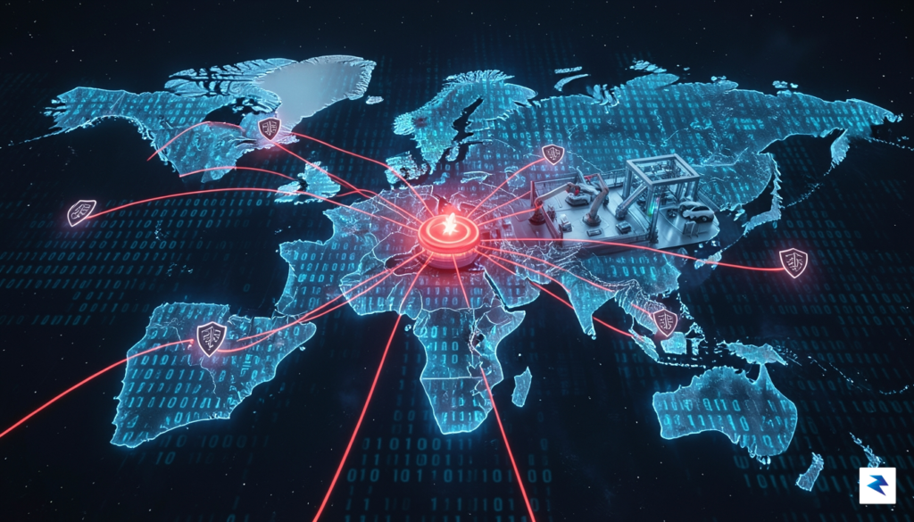A digital visualization of a global map with glowing red&hellip;