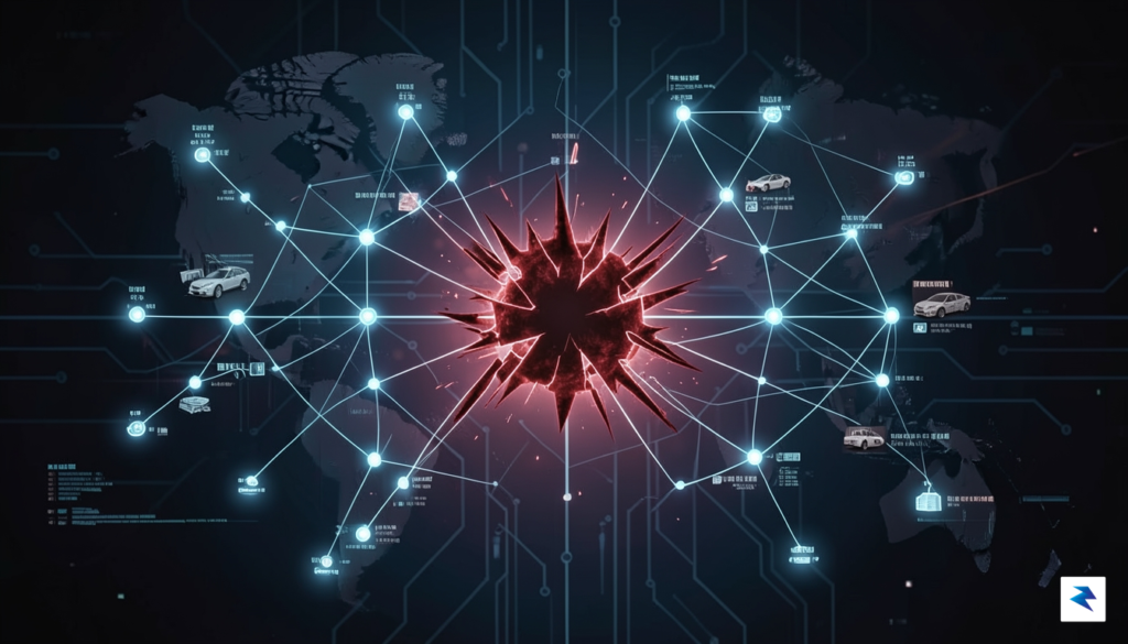 A conceptual digital illustration showing a complex global supply chain&hellip;